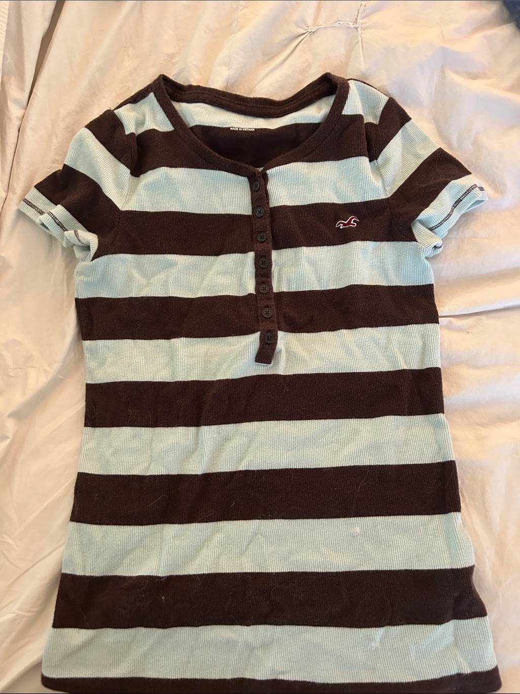 Hollister Short Sleeve Striped Henley Top - Light Blue & Brown